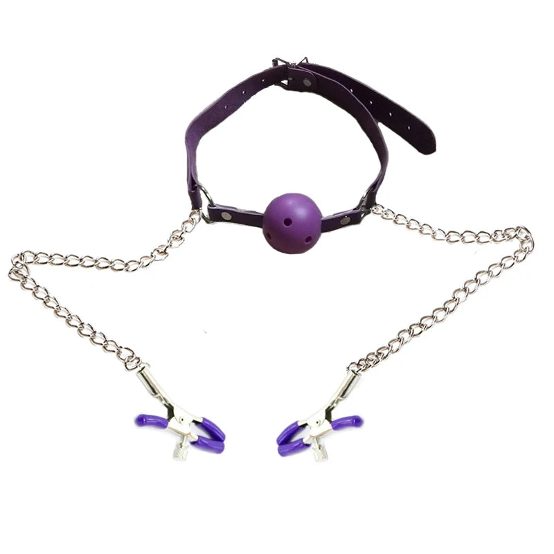 Gag Ball Oral Sex With Chain Nipple Clip Fetish Bondage Nipple Clamps