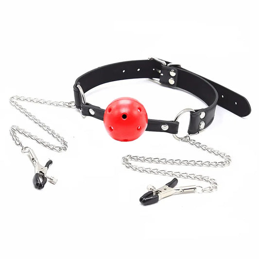 Gag Ball Oral Sex With Chain Nipple Clip Fetish Bondage Nipple Clamps