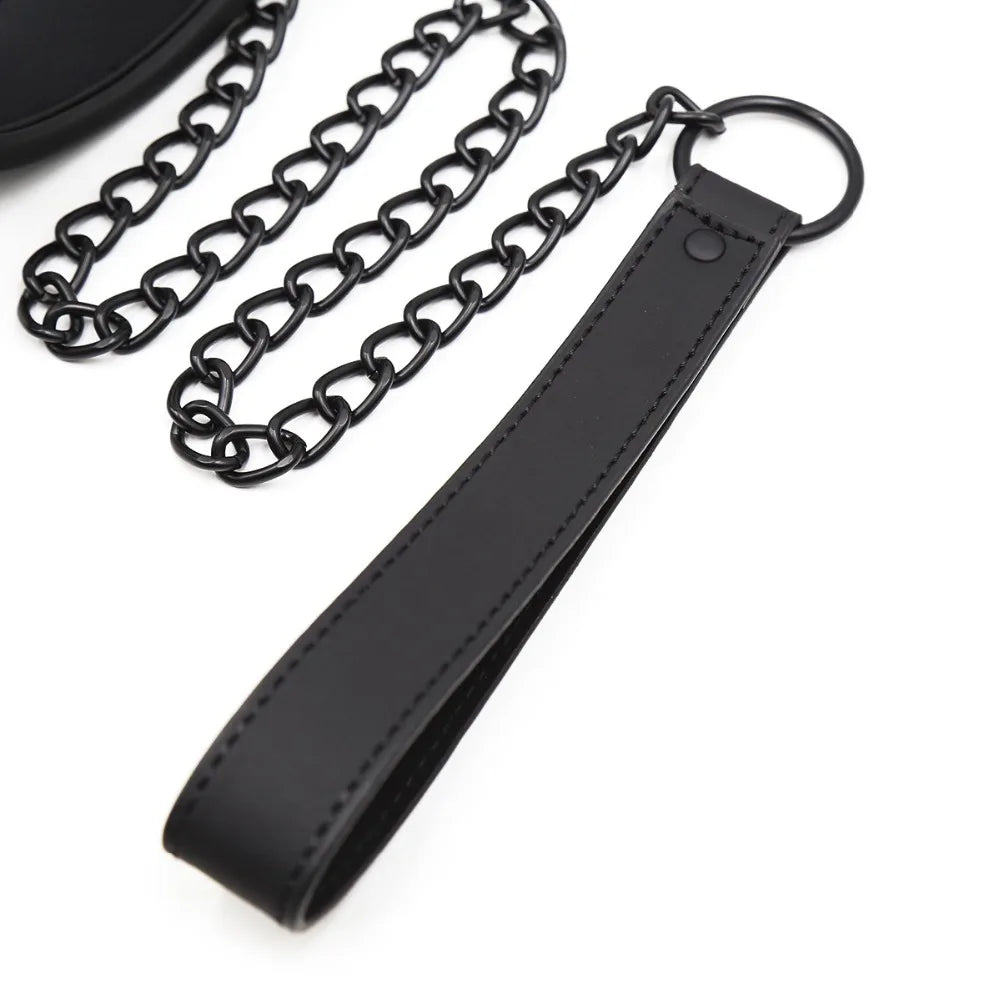 Neck Collar With Metal Chain Leash BDSM Sex Toys Faux Leather Restraint Fetish