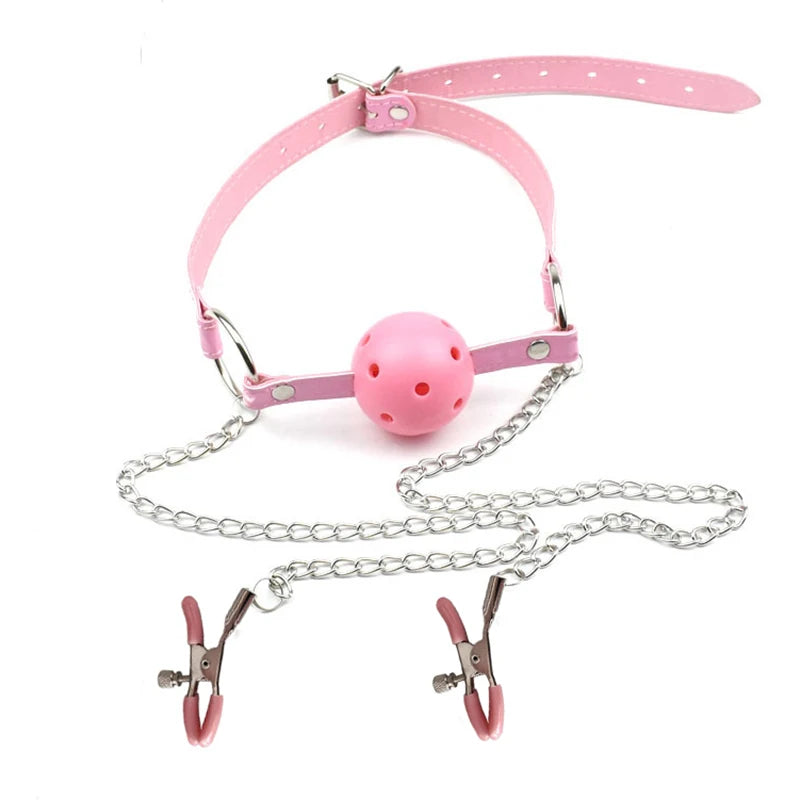 Gag Ball Oral Sex With Chain Nipple Clip Fetish Bondage Nipple Clamps