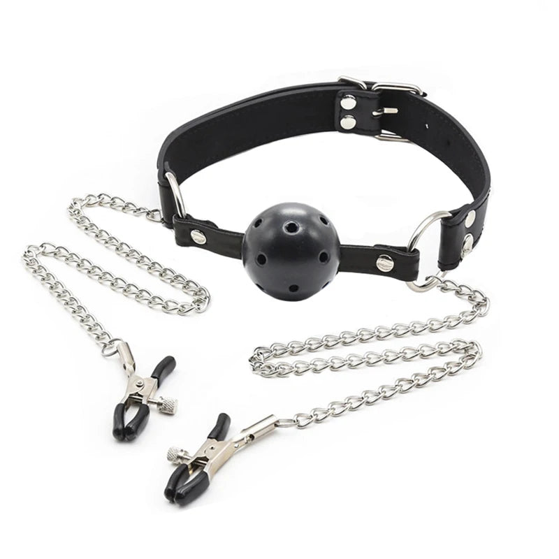 Gag Ball Oral Sex With Chain Nipple Clip Fetish Bondage Nipple Clamps